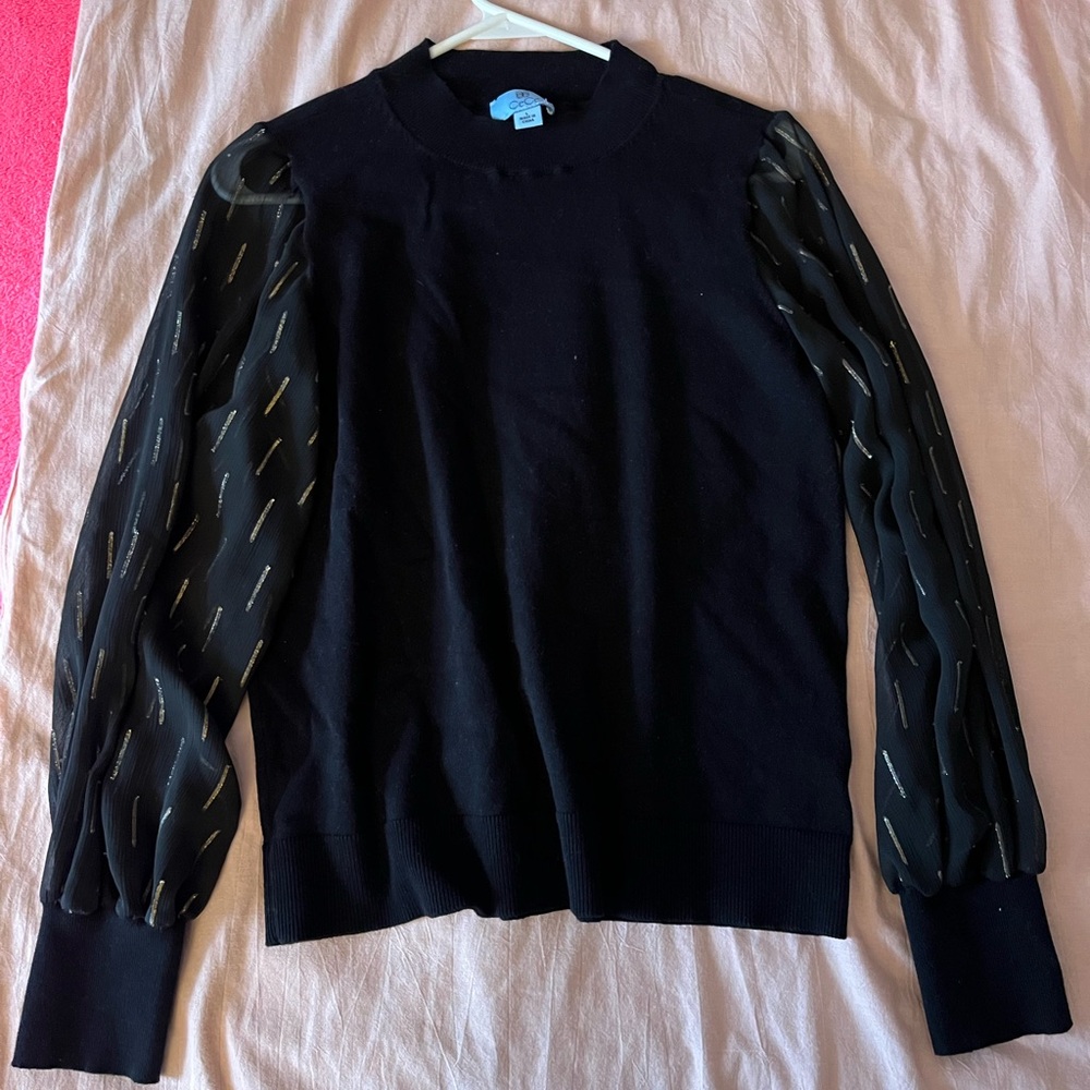 Black Sweater Blouse with Sheer Gold-Detailed Sleeves
